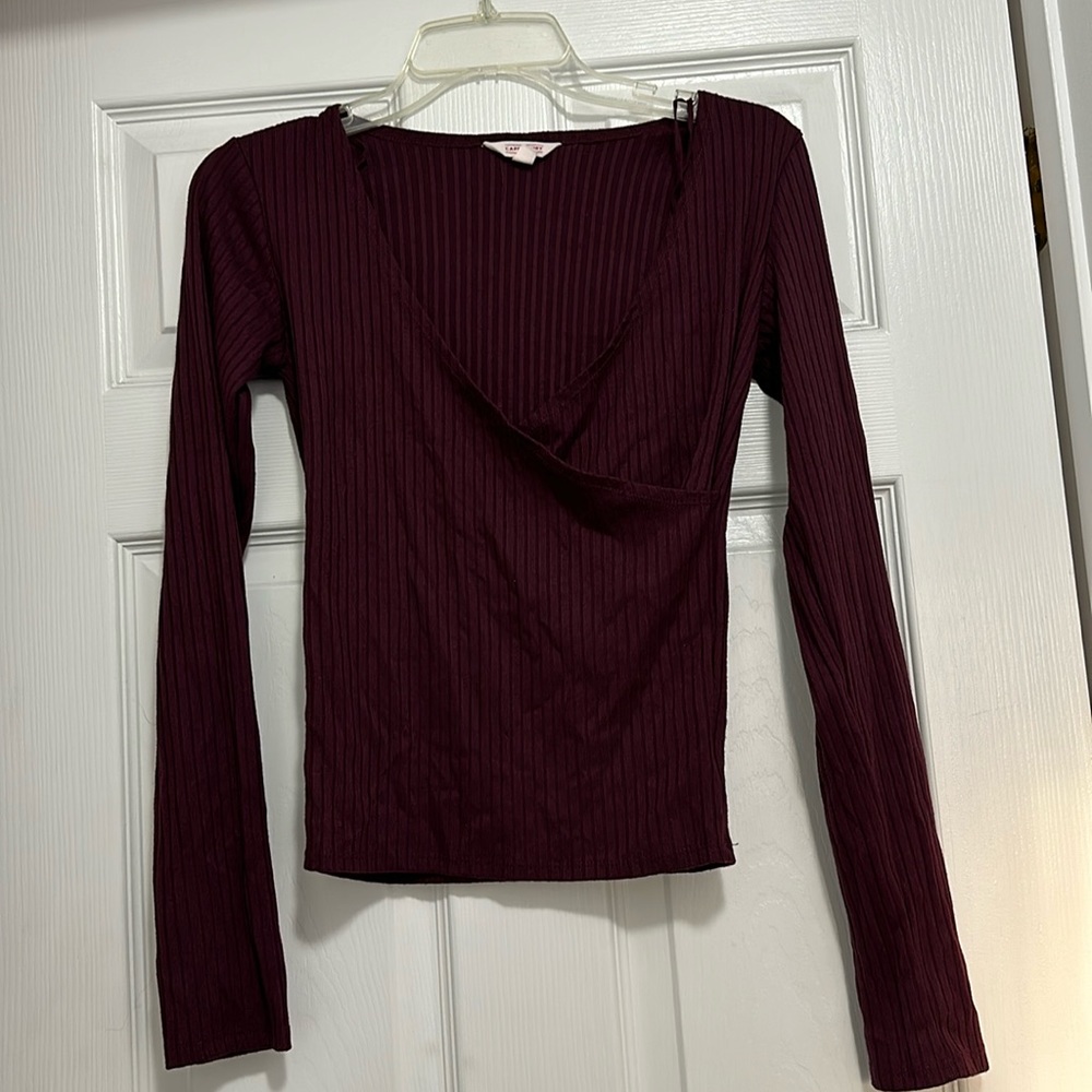 Deep burgundy cross front long sleeve top